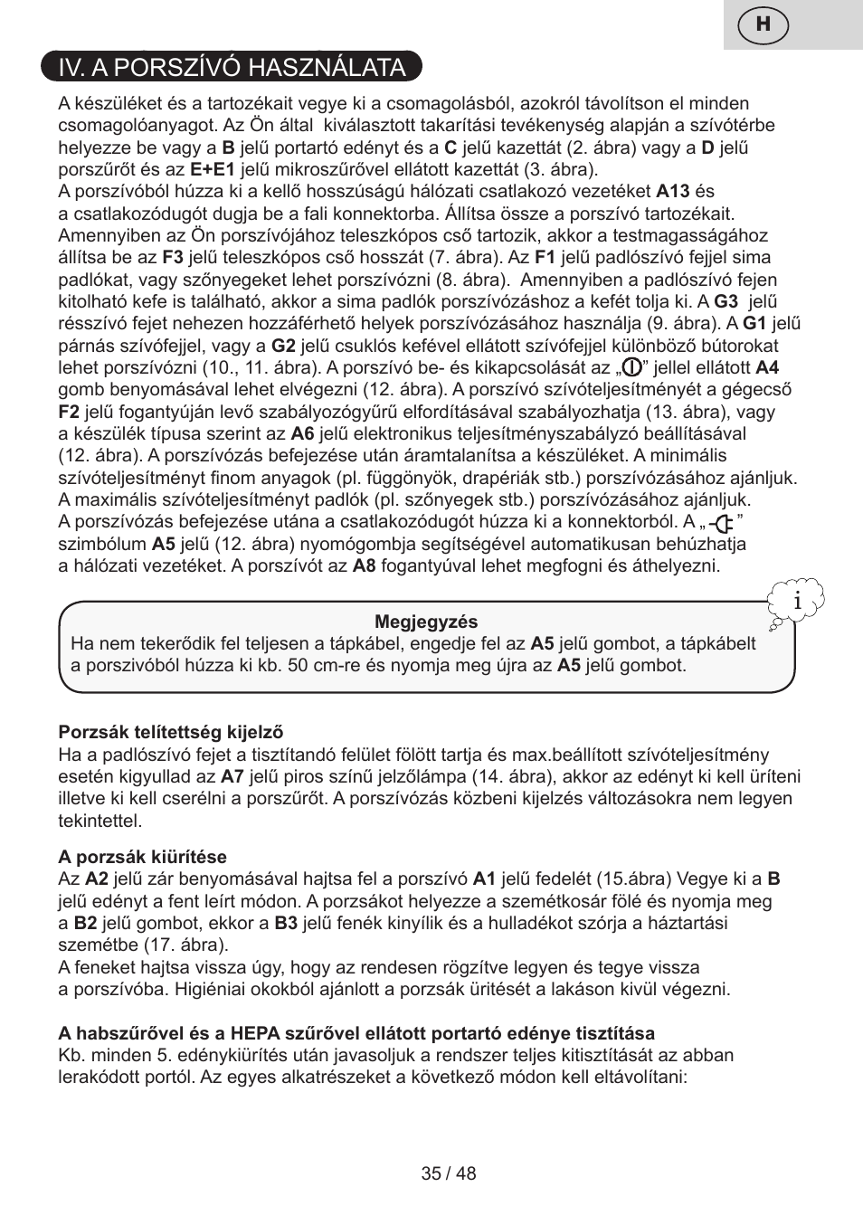 Iv. a porszívó használata | ETA Dualic II User Manual | Page 35 / 52