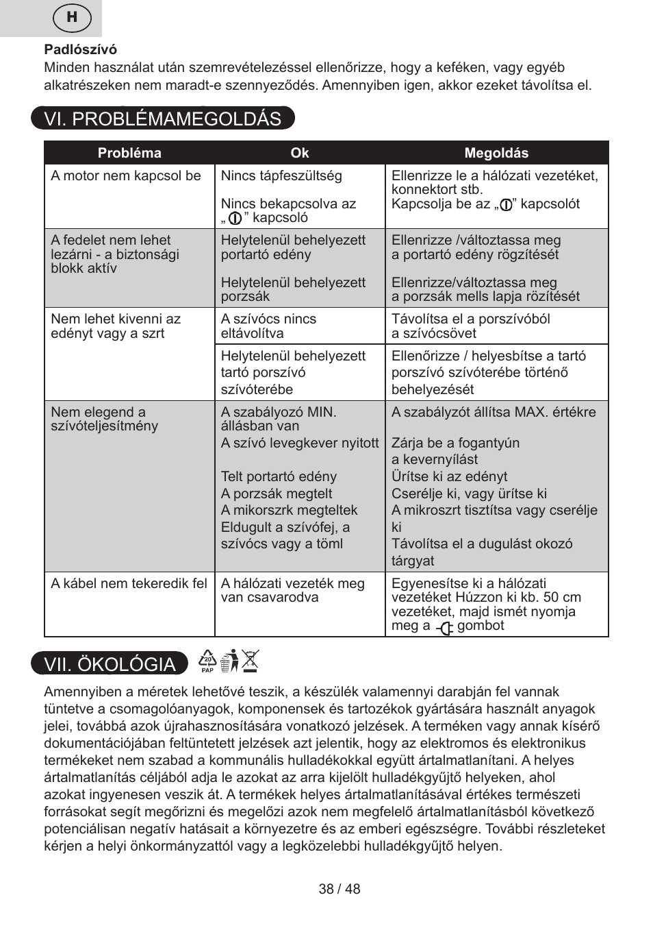 Vi. problémamegoldás, Vii. ökológia | ETA Dualic II User Manual | Page 38 / 52