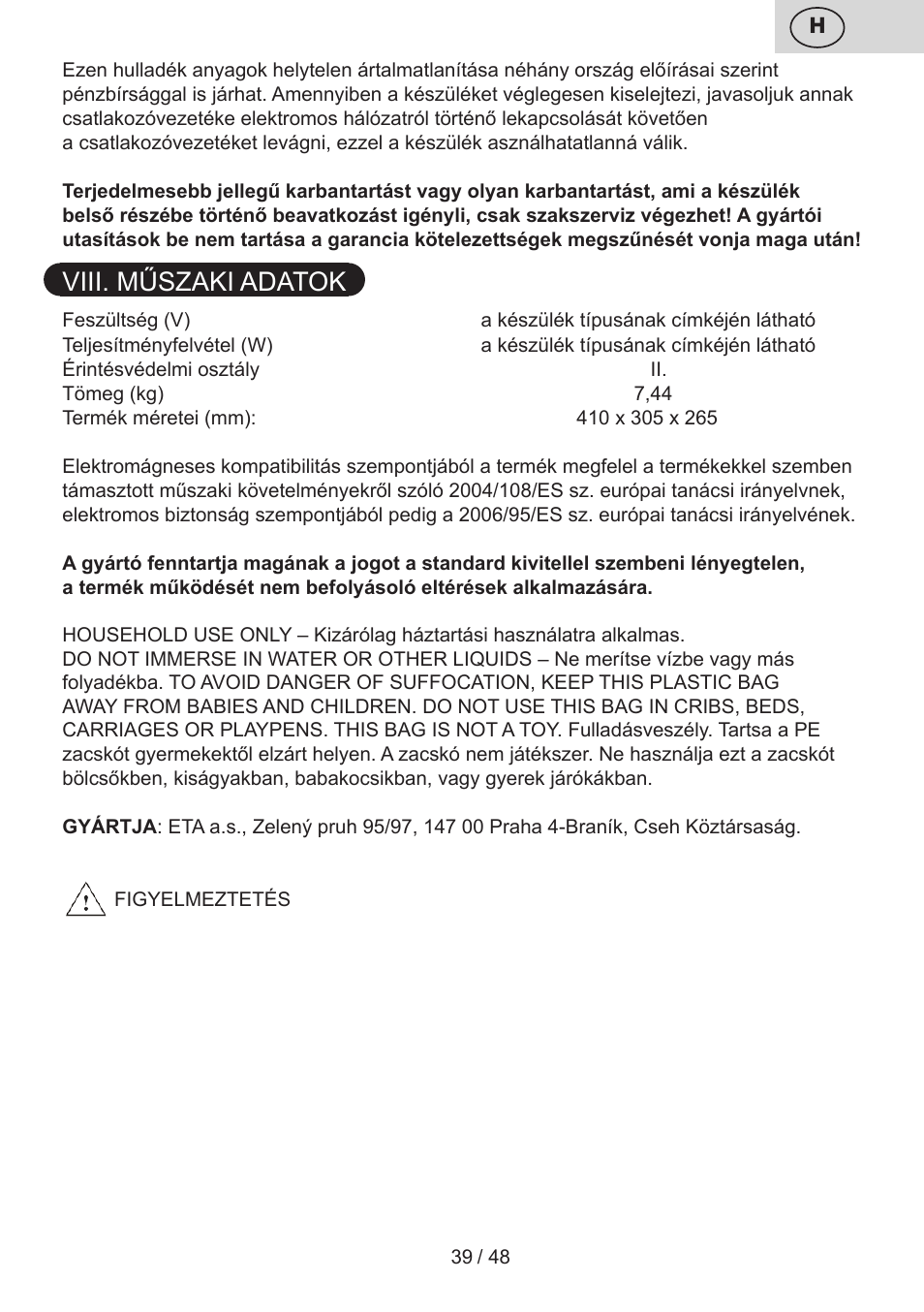 Viii. műszaki adatok | ETA Dualic II User Manual | Page 39 / 52