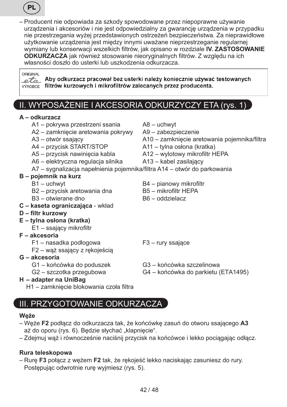 Iii. przygotowanie odkurzacza | ETA Dualic II User Manual | Page 42 / 52