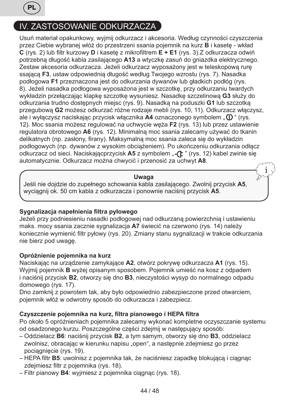 Iv. zastosowanie odkurzacza | ETA Dualic II User Manual | Page 44 / 52