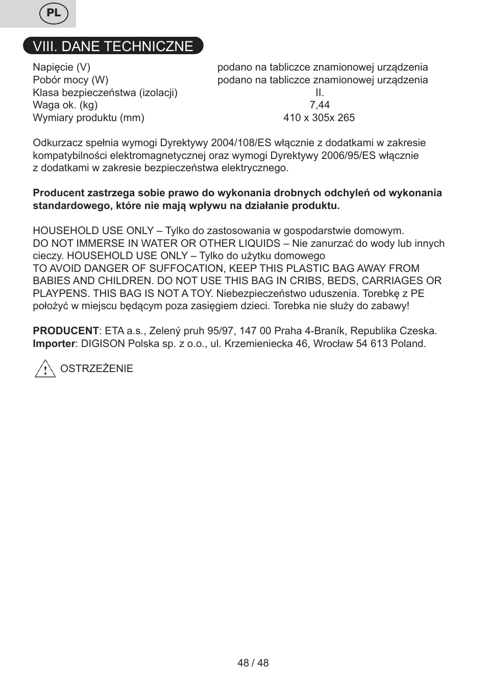 Viii. dane techniczne | ETA Dualic II User Manual | Page 48 / 52