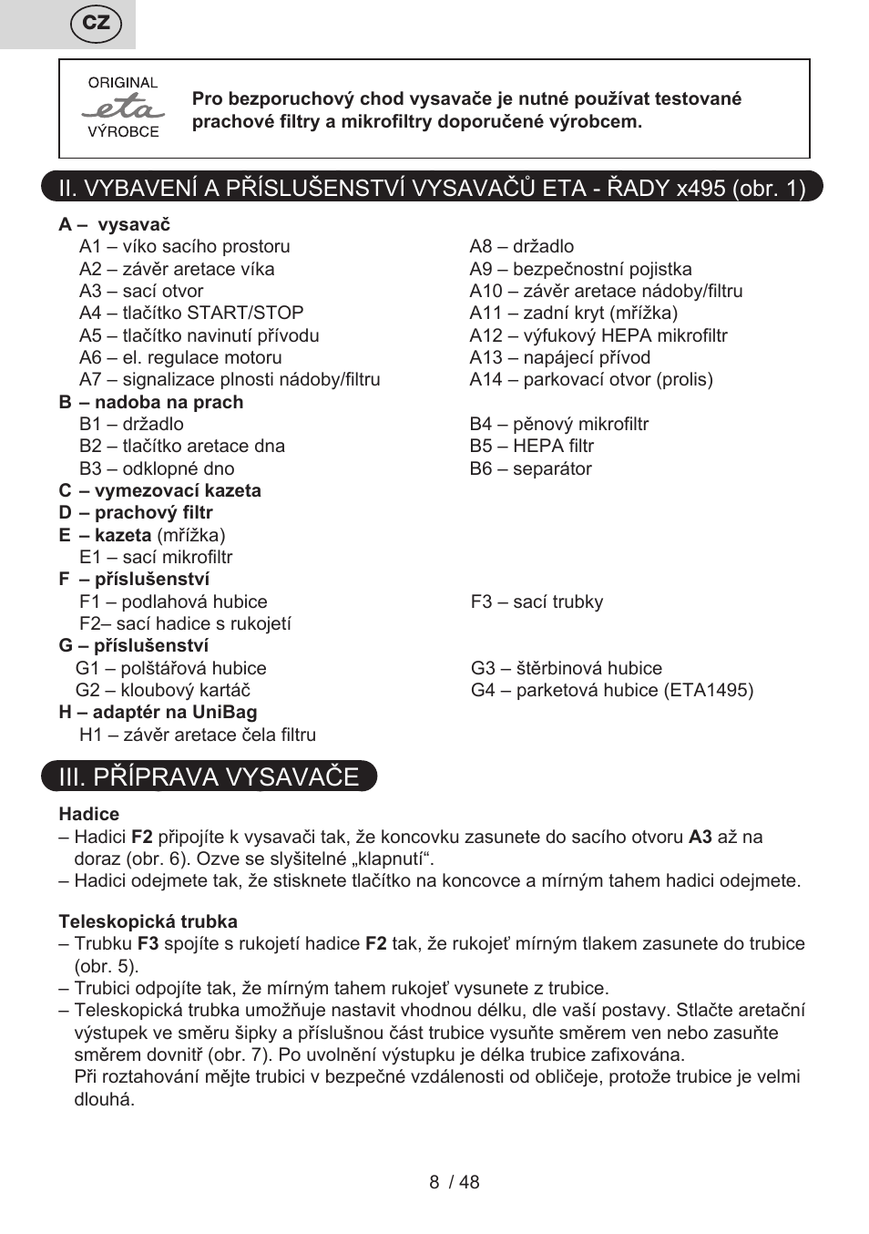 Iii. příprava vysavače | ETA Dualic II User Manual | Page 8 / 52