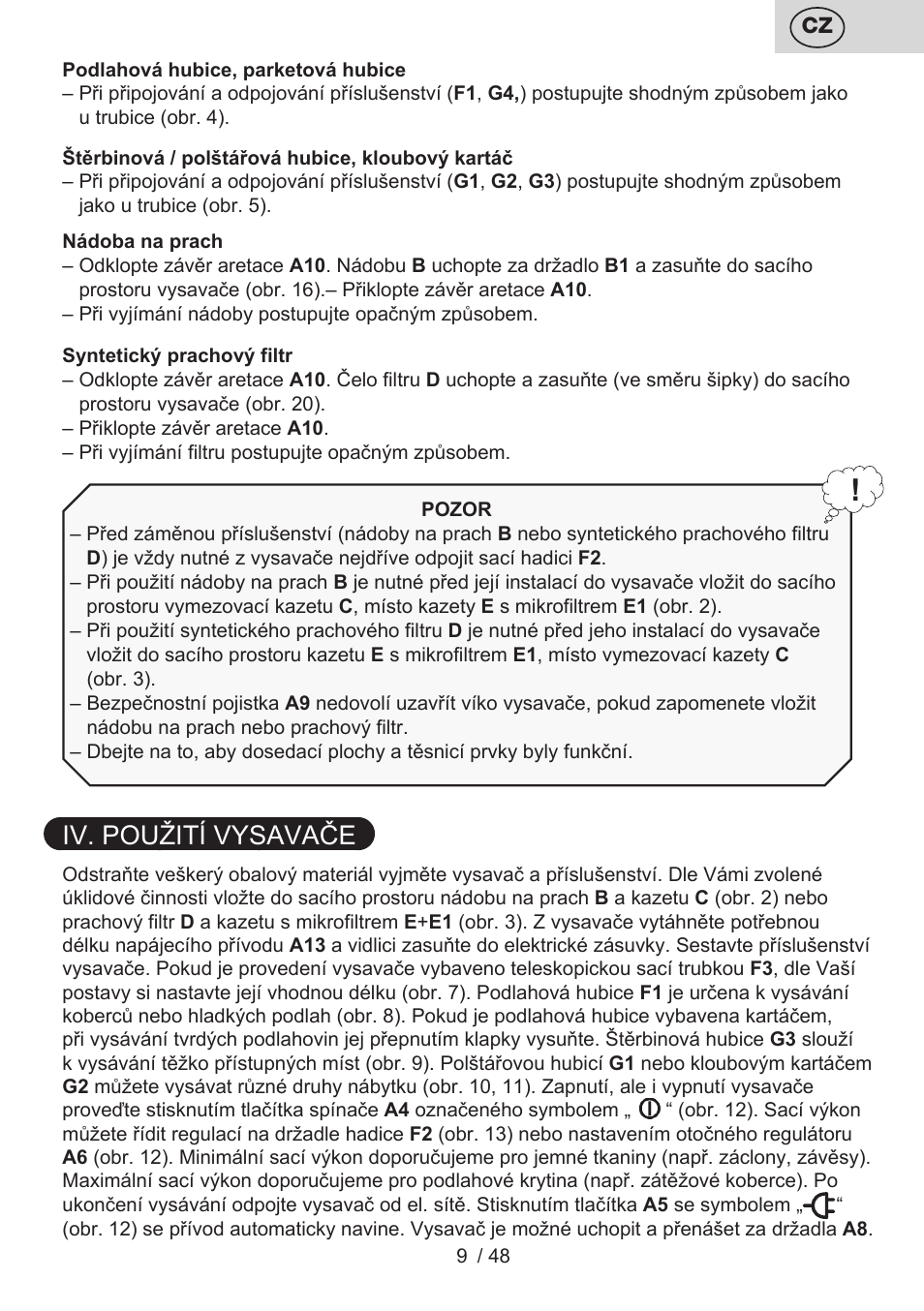 Iv. použití vysavače | ETA Dualic II User Manual | Page 9 / 52
