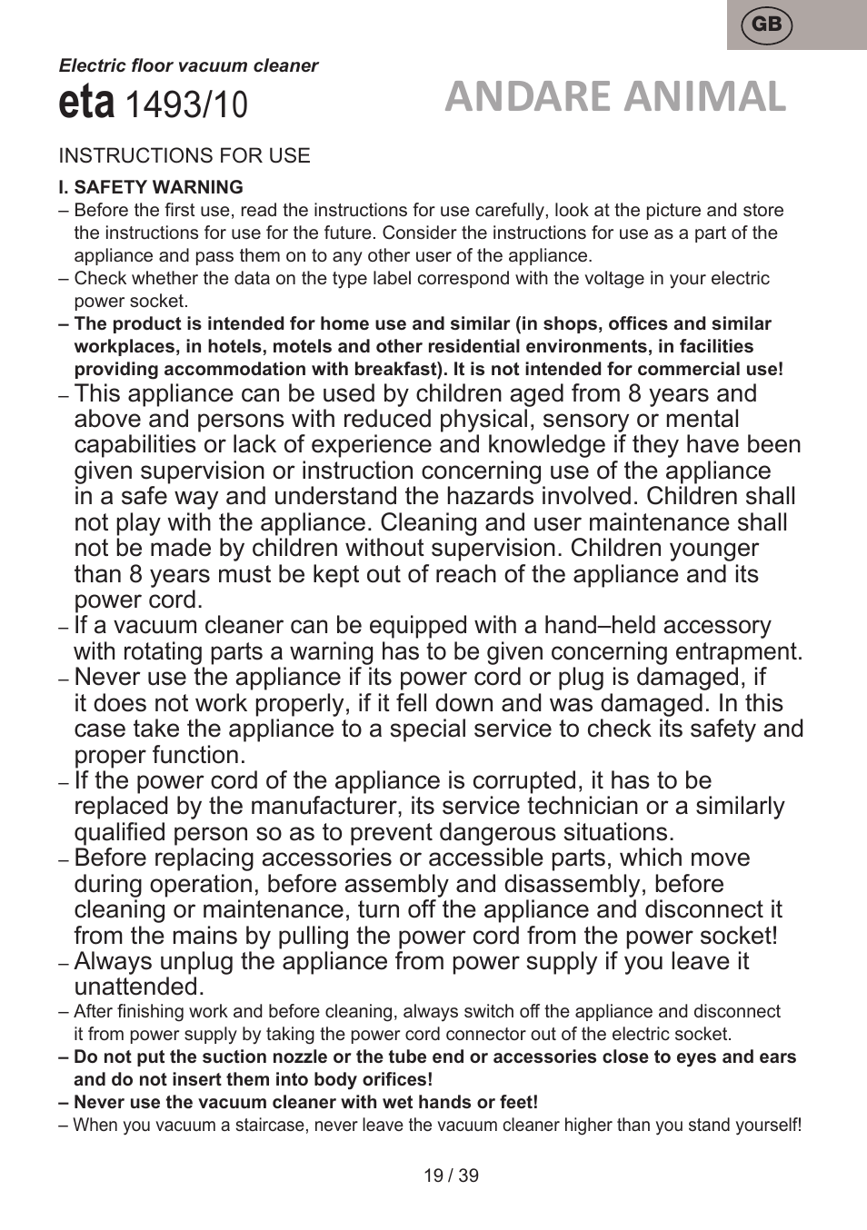 Andare animal | ETA Andare Animal User Manual | Page 19 / 44