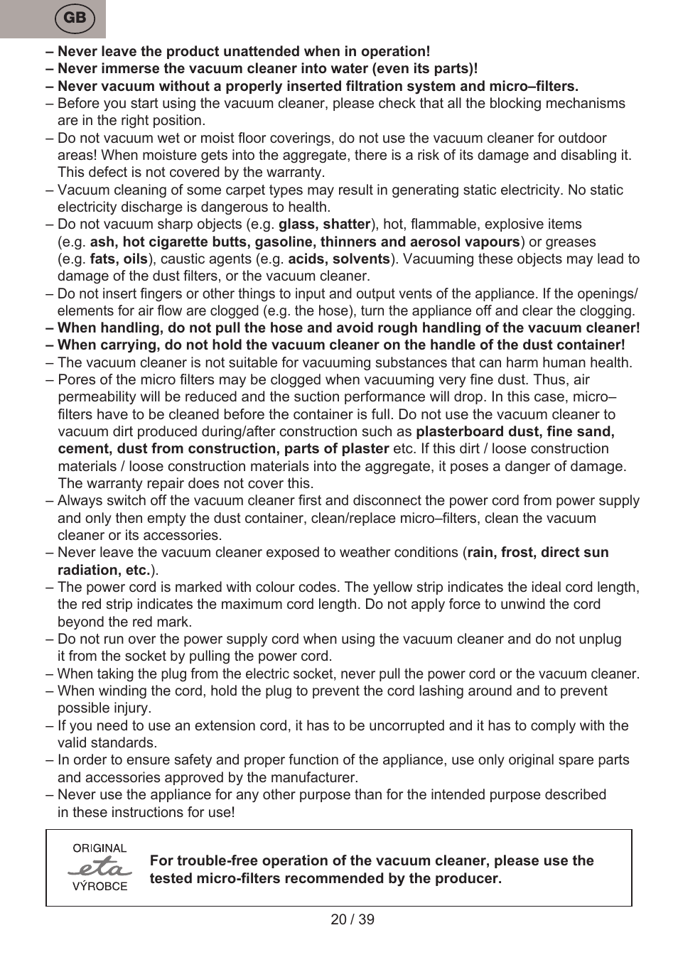 ETA Andare Animal User Manual | Page 20 / 44
