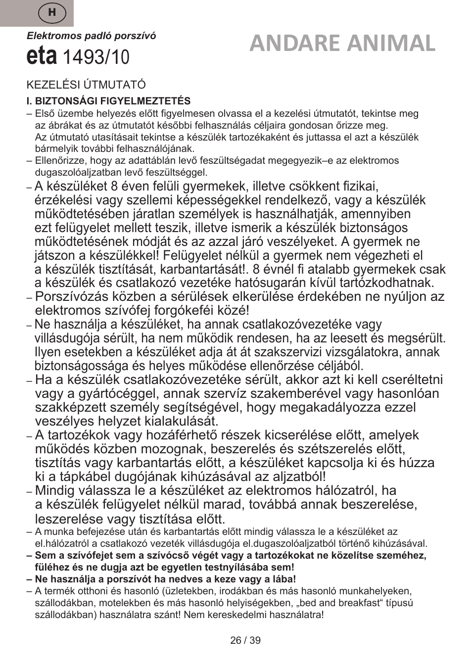 Andare animal | ETA Andare Animal User Manual | Page 26 / 44