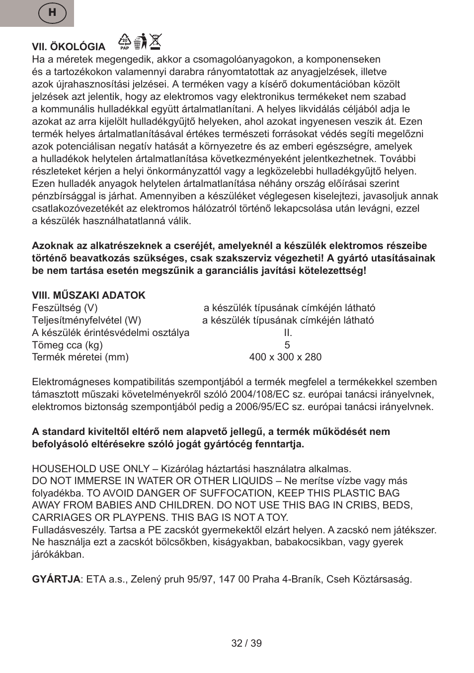ETA Andare Animal User Manual | Page 32 / 44