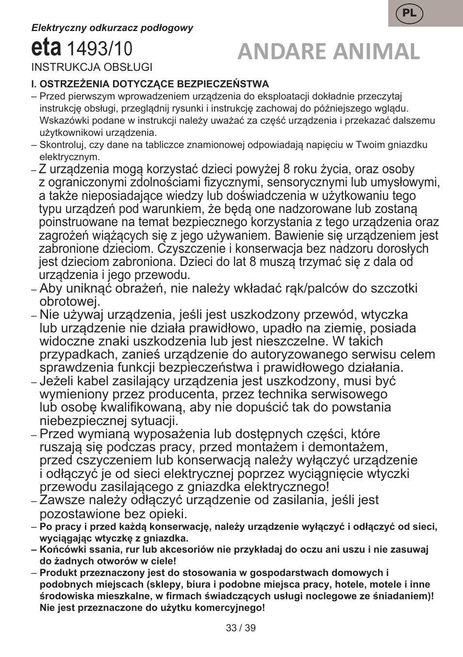 Andare animal | ETA Andare Animal User Manual | Page 33 / 44
