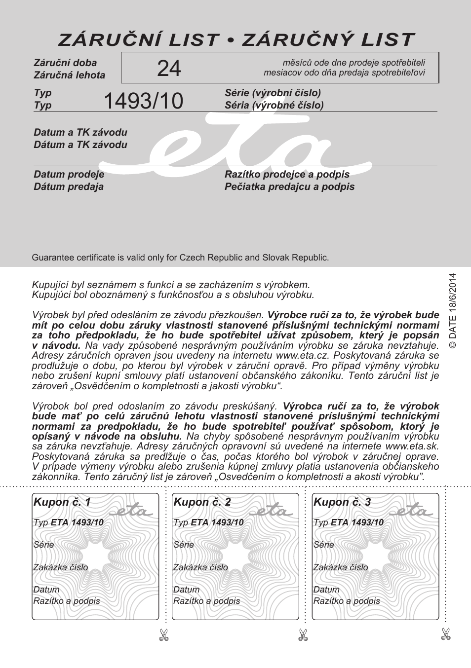 List, Záruční list • záručný | ETA Andare Animal User Manual | Page 44 / 44