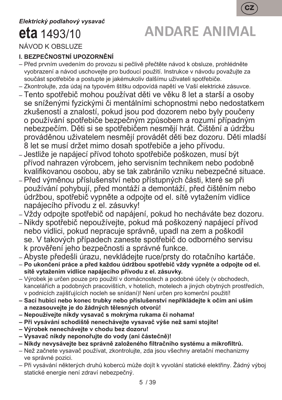 Andare animal | ETA Andare Animal User Manual | Page 5 / 44