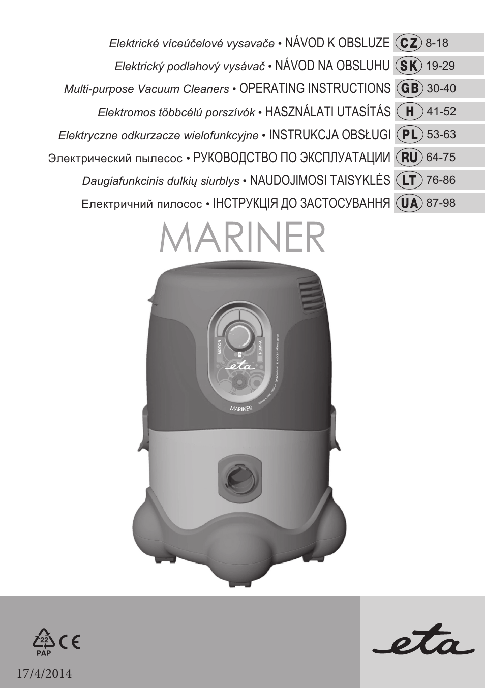 ETA Mariner bez exteronu User Manual | 100 pages