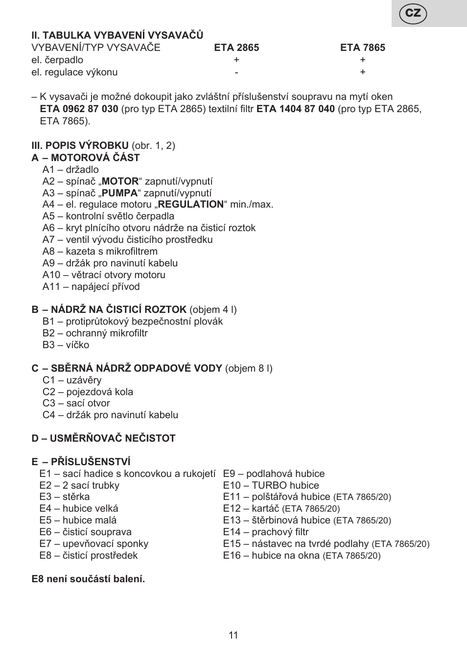 ETA Mariner bez exteronu User Manual | Page 11 / 100