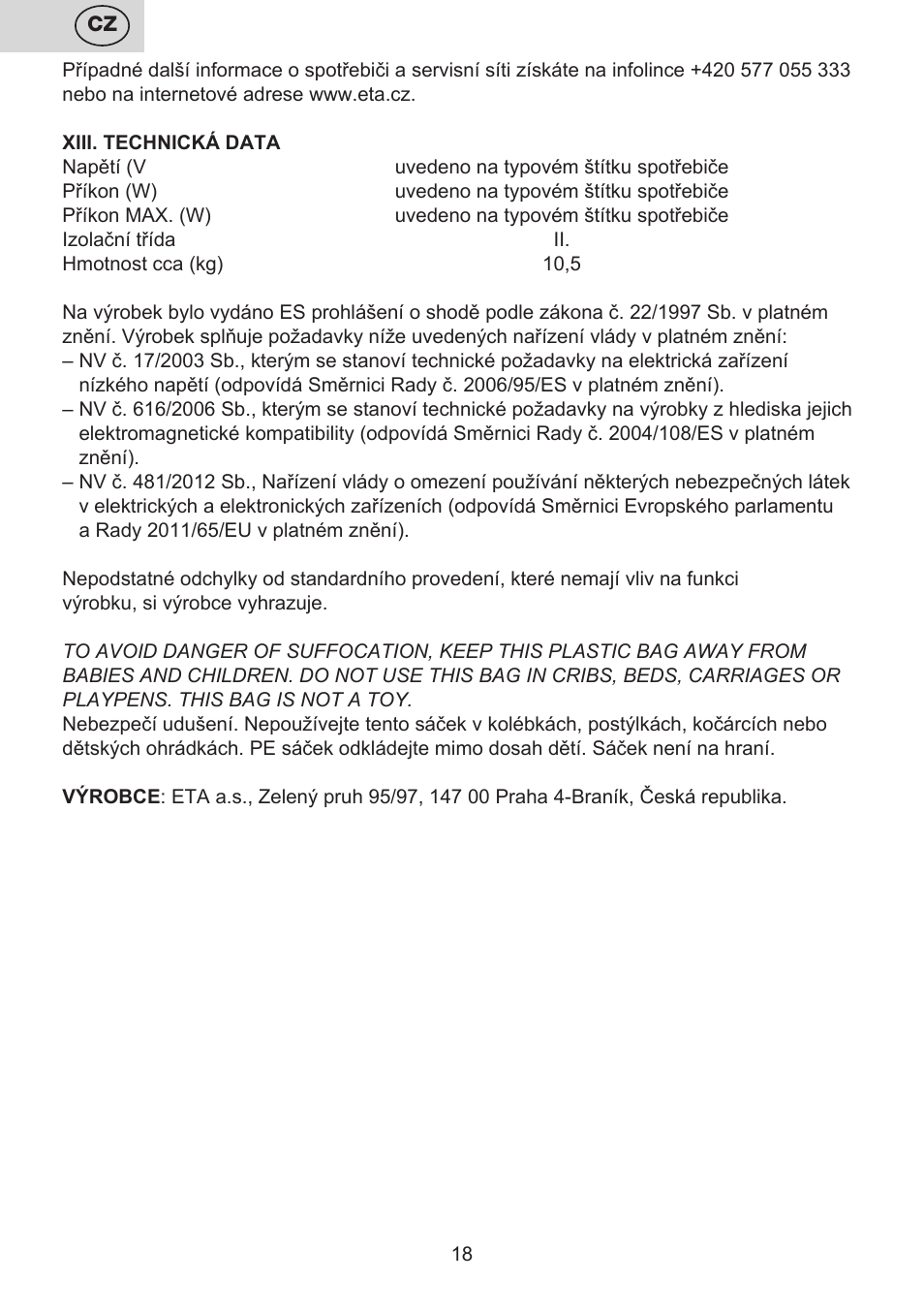 ETA Mariner bez exteronu User Manual | Page 18 / 100