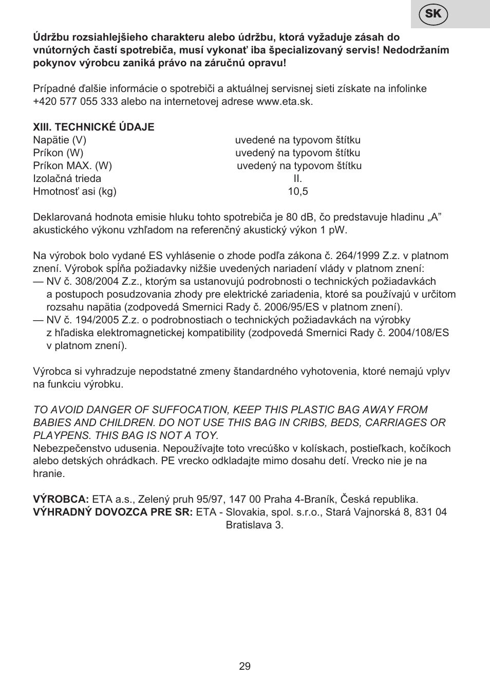 ETA Mariner bez exteronu User Manual | Page 29 / 100