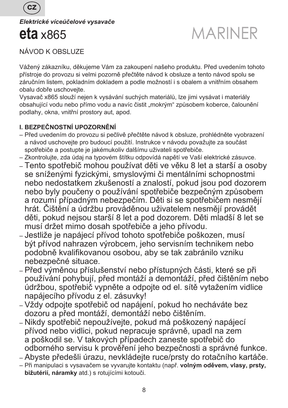 X865 | ETA Mariner bez exteronu User Manual | Page 8 / 100