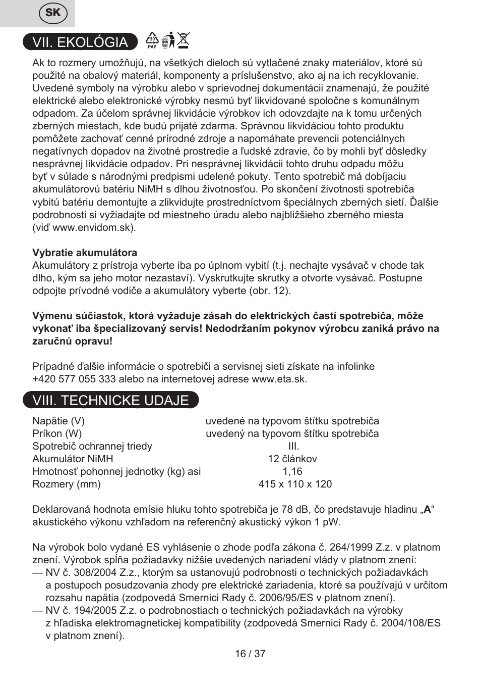 Vii. ekológia, Viii. technicke udaje | ETA Carsha User Manual | Page 16 / 40