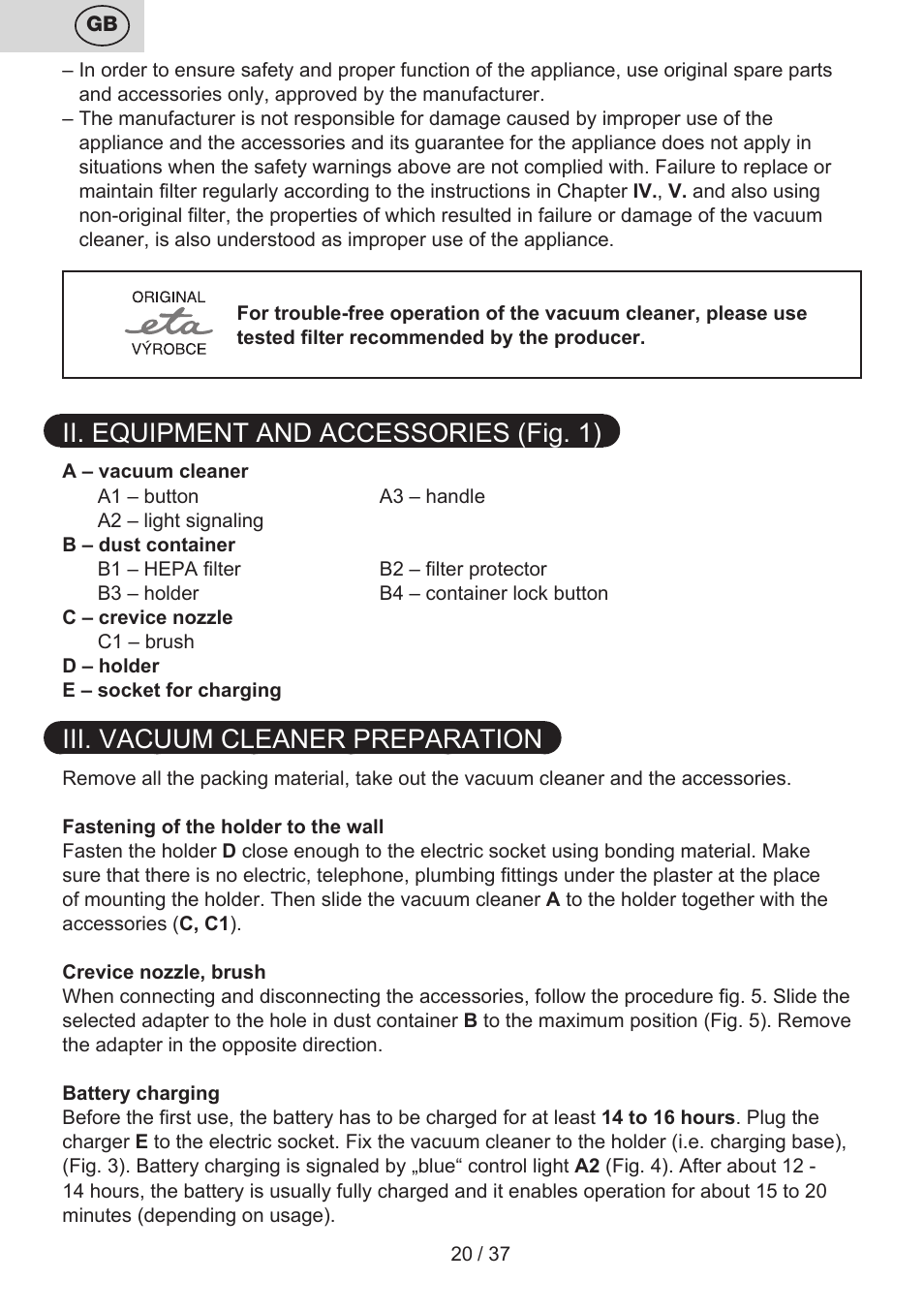 Ii. equipment and accessories (fig. 1), Iii. vacuum cleaner preparation | ETA Carsha User Manual | Page 20 / 40