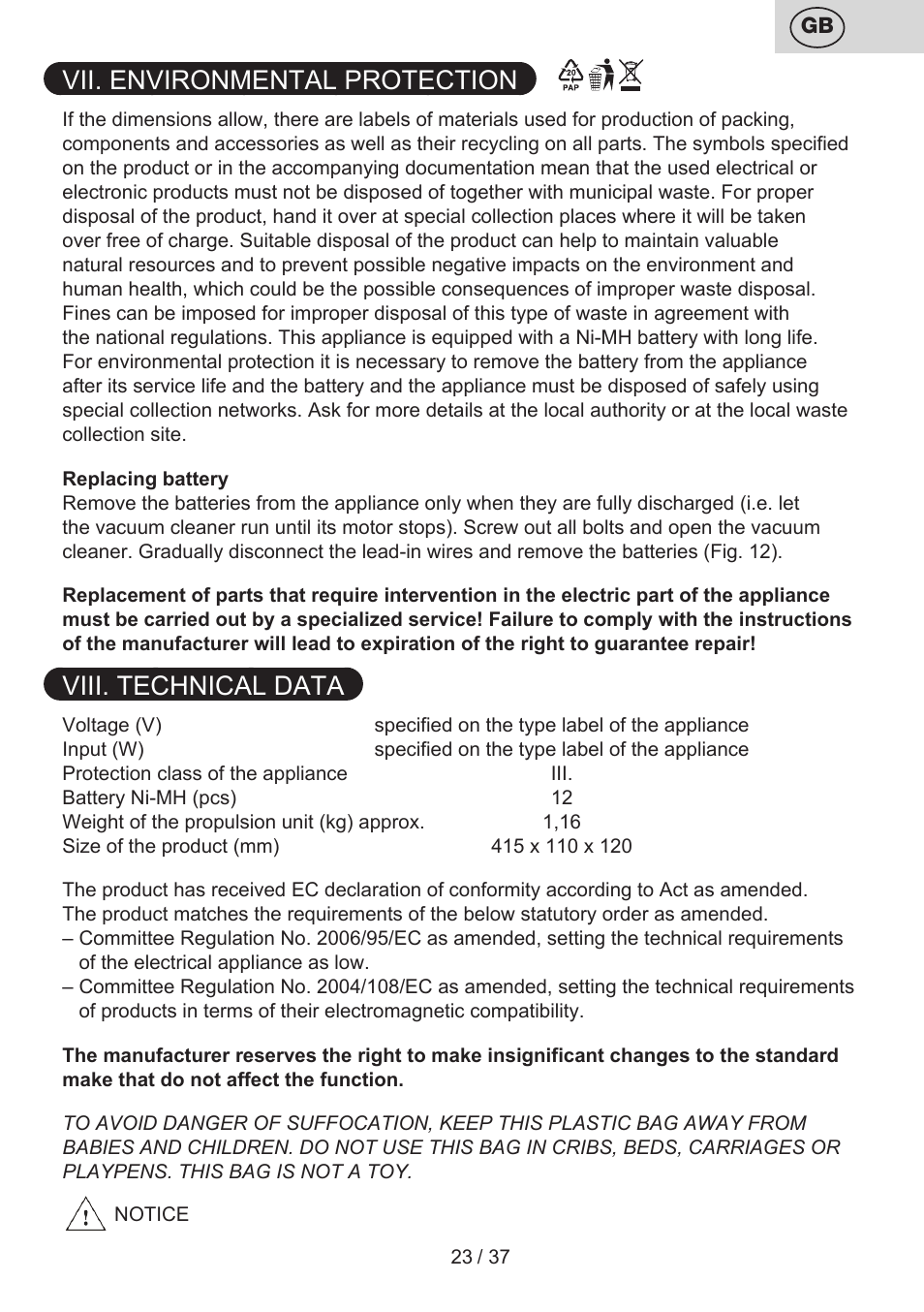 Vii. environmental protection, Viii. technical data | ETA Carsha User Manual | Page 23 / 40