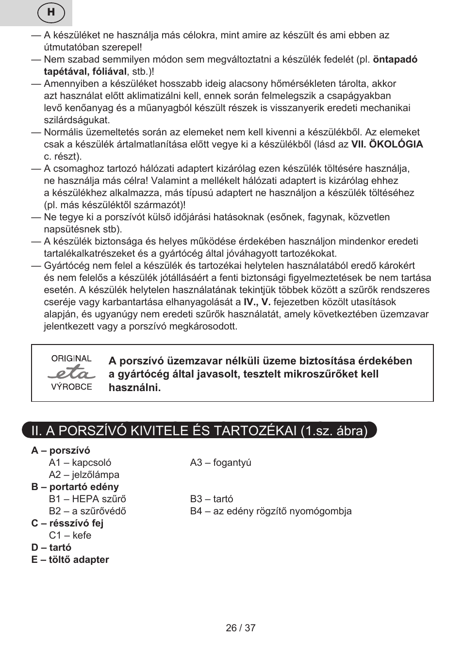 Ii. a porszívó kivitele és tartozékai (1.sz. ábra) | ETA Carsha User Manual | Page 26 / 40