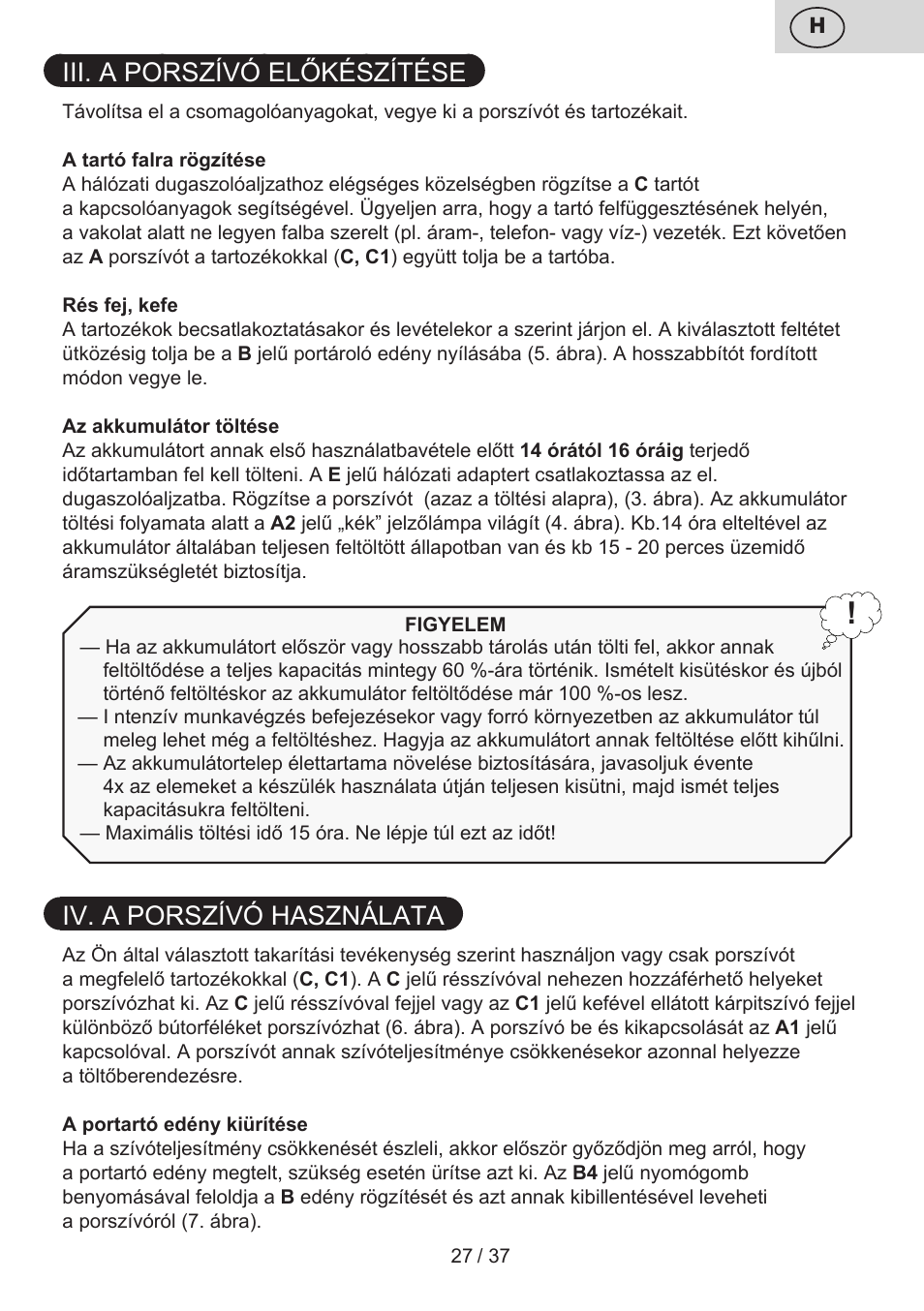 Iii. a porszívó előkészítése, Iv. a porszívó használata | ETA Carsha User Manual | Page 27 / 40