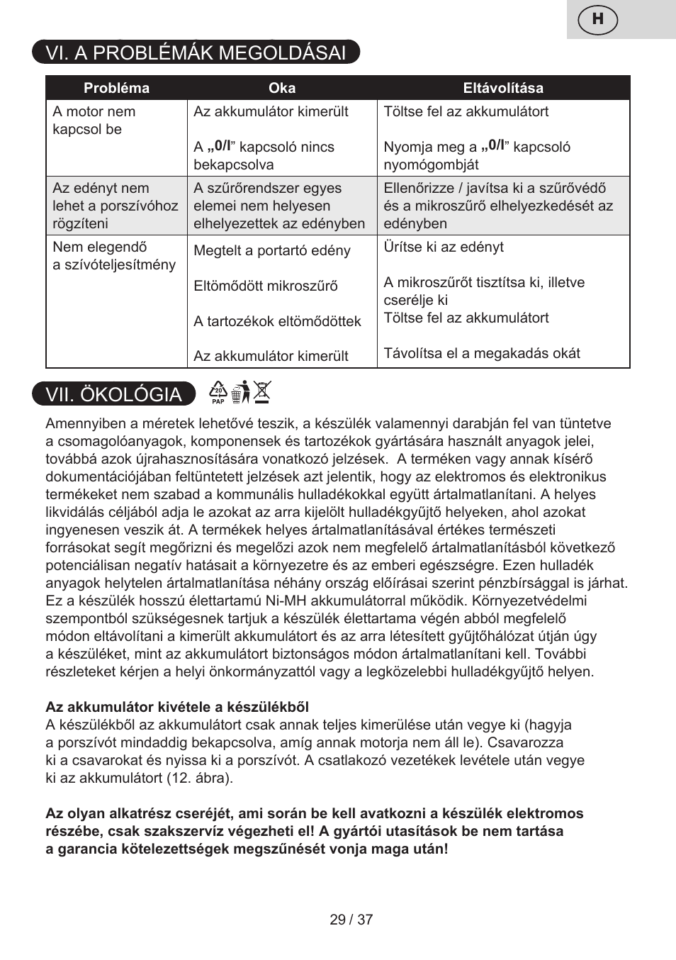 Vi. a problémák megoldásai, Vii. ökológia | ETA Carsha User Manual | Page 29 / 40