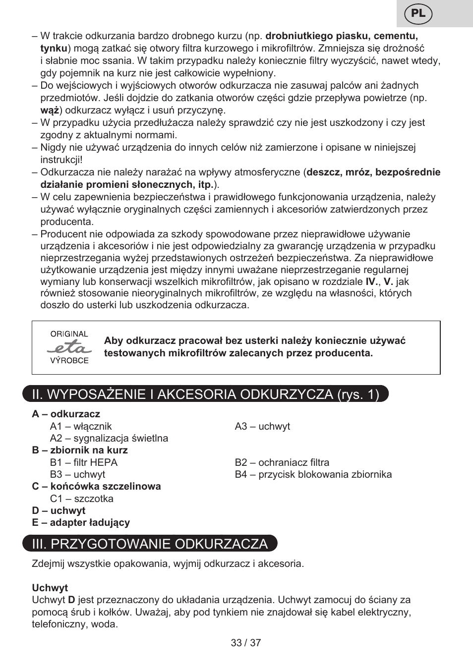 Ii. wyposażenie i akcesoria odkurzycza (rys. 1), Iii. przygotowanie odkurzacza | ETA Carsha User Manual | Page 33 / 40