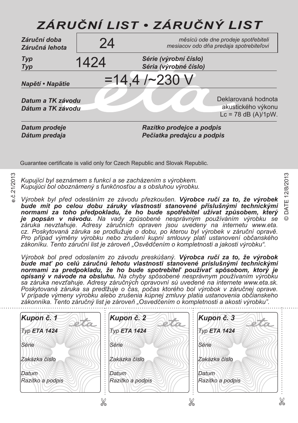 List, Záruční list • záručný | ETA Carsha User Manual | Page 40 / 40