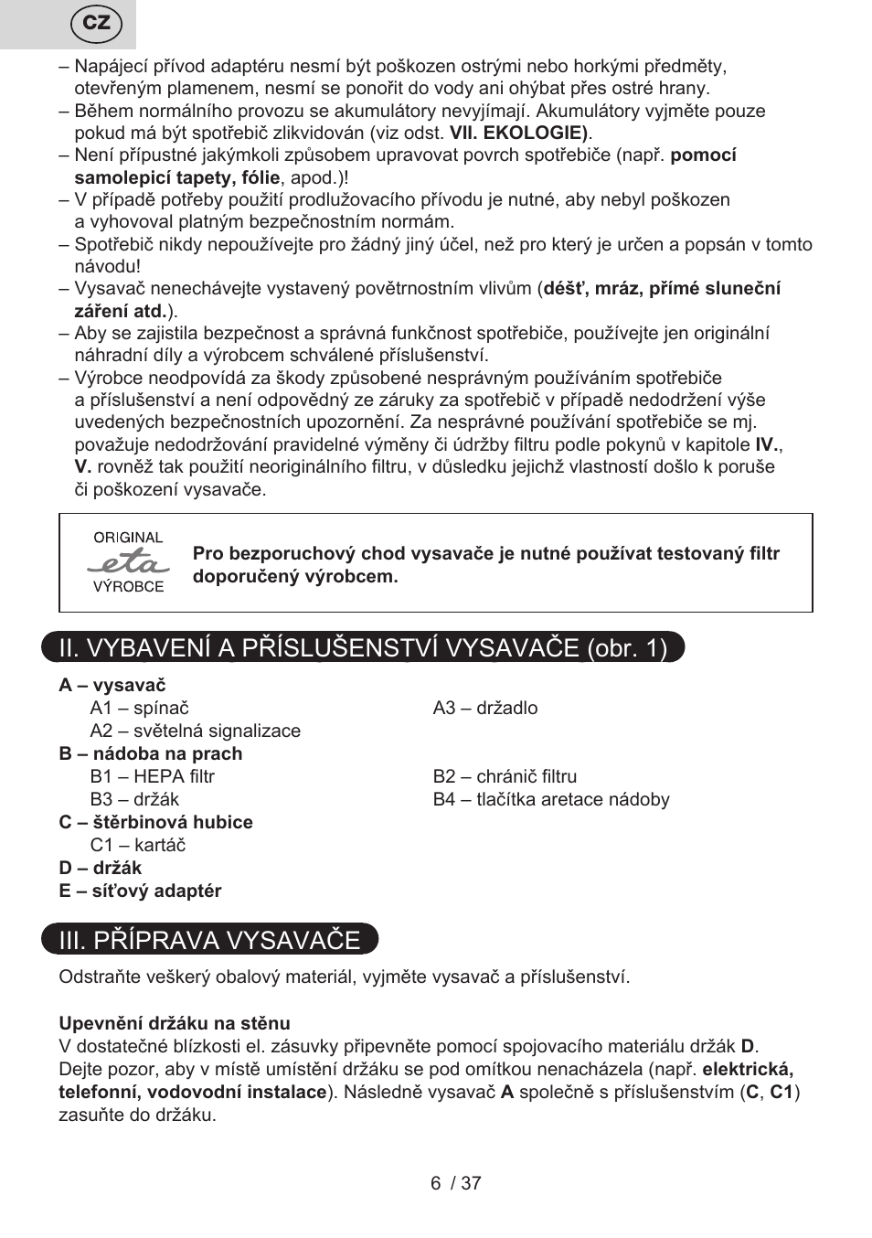 Ii. vybavení a příslušenství vysavače (obr. 1), Iii. příprava vysavače | ETA Carsha User Manual | Page 6 / 40