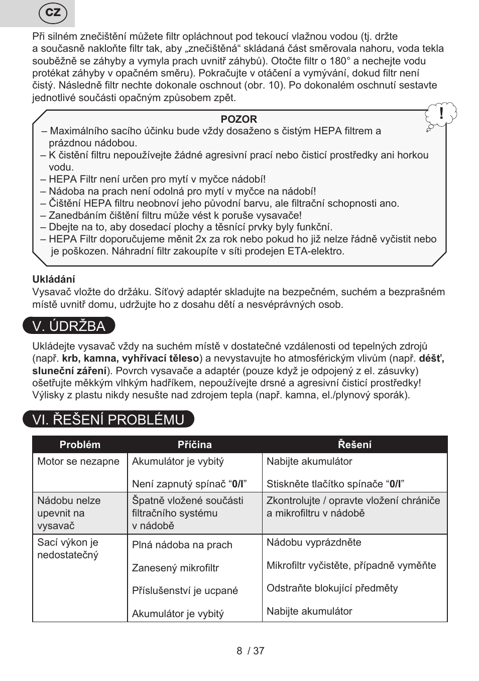 V. údržba, Vi. řešení problému | ETA Carsha User Manual | Page 8 / 40