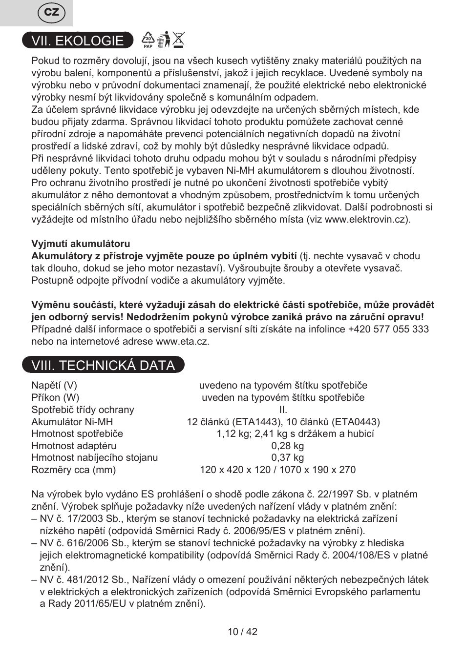 Vii. ekologie, Viii. technická data | ETA Elance User Manual | Page 10 / 44