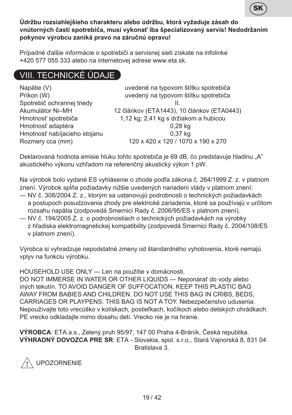 Viii. technické údaje | ETA Elance User Manual | Page 19 / 44