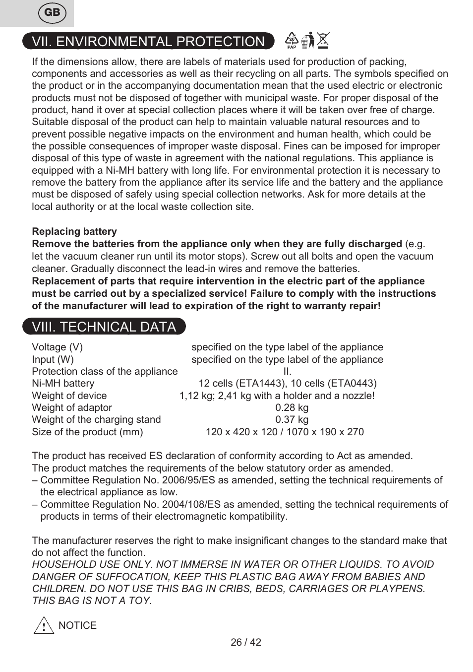 Vii. environmental protection, Viii. technical data | ETA Elance User Manual | Page 26 / 44