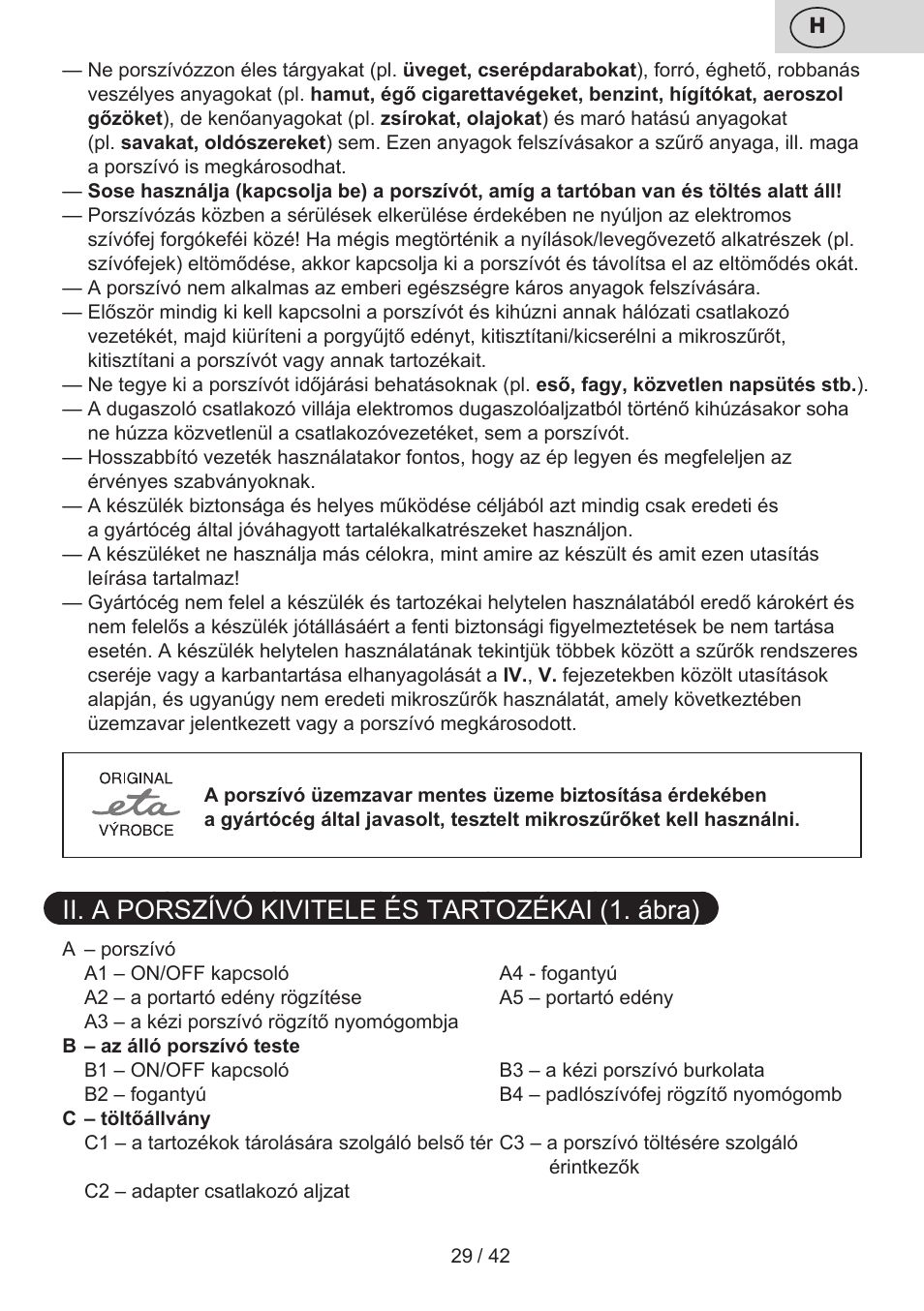 Ii. a porszívó kivitele és tartozékai (1. ábra) | ETA Elance User Manual | Page 29 / 44