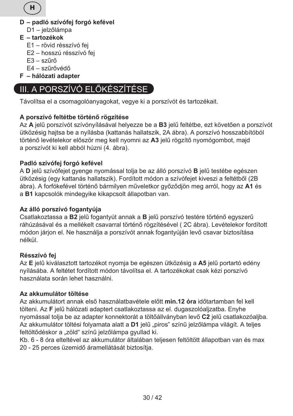 Iii. a porszívó előkészítése | ETA Elance User Manual | Page 30 / 44