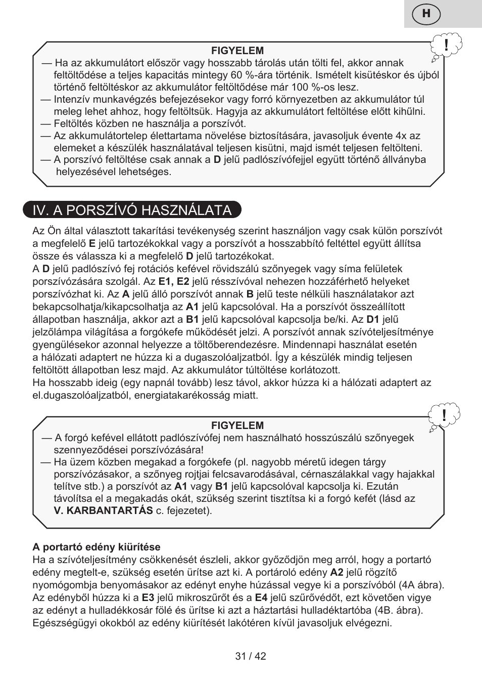 Iv. a porszívó használata | ETA Elance User Manual | Page 31 / 44