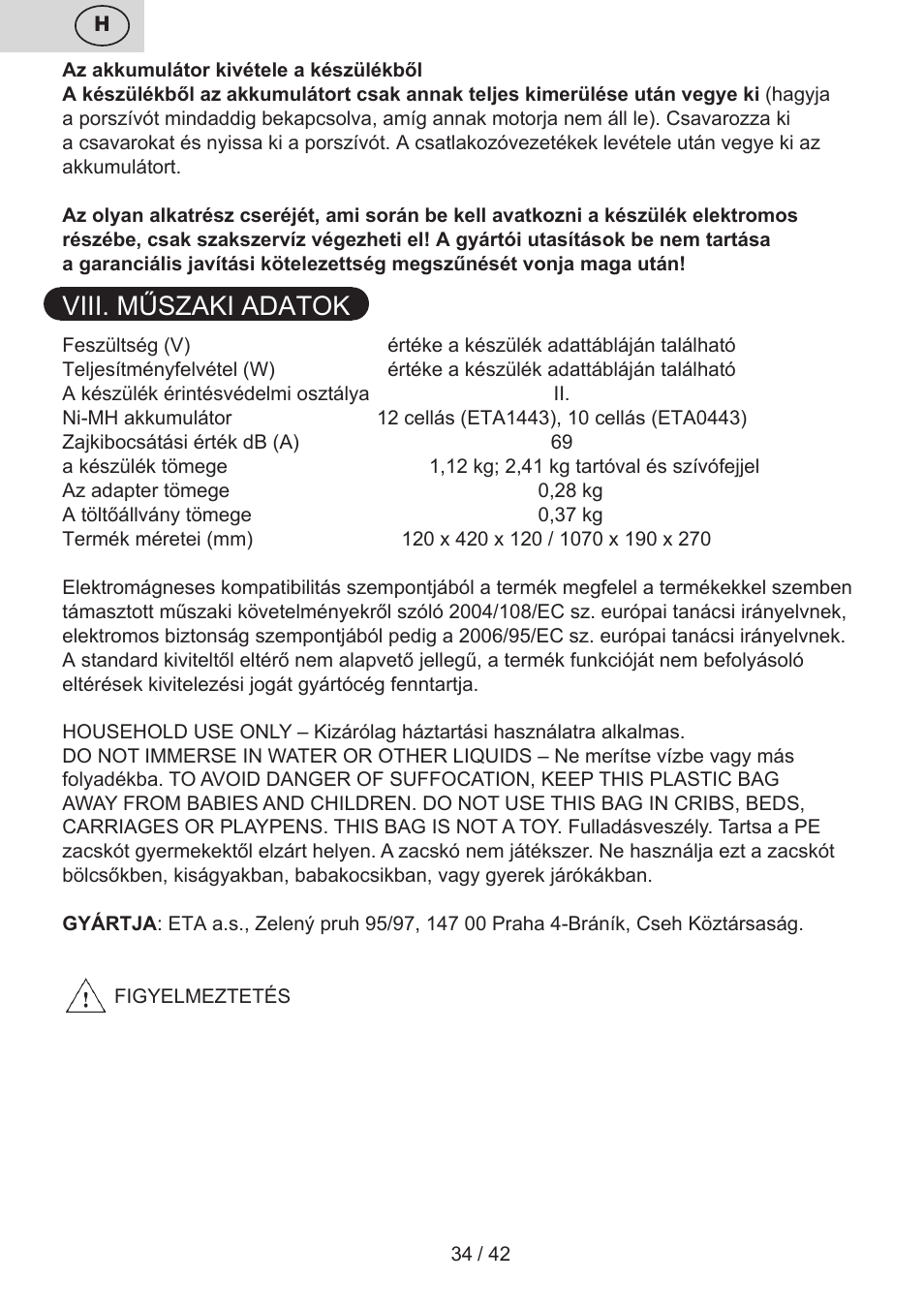 Viii. műszaki adatok | ETA Elance User Manual | Page 34 / 44