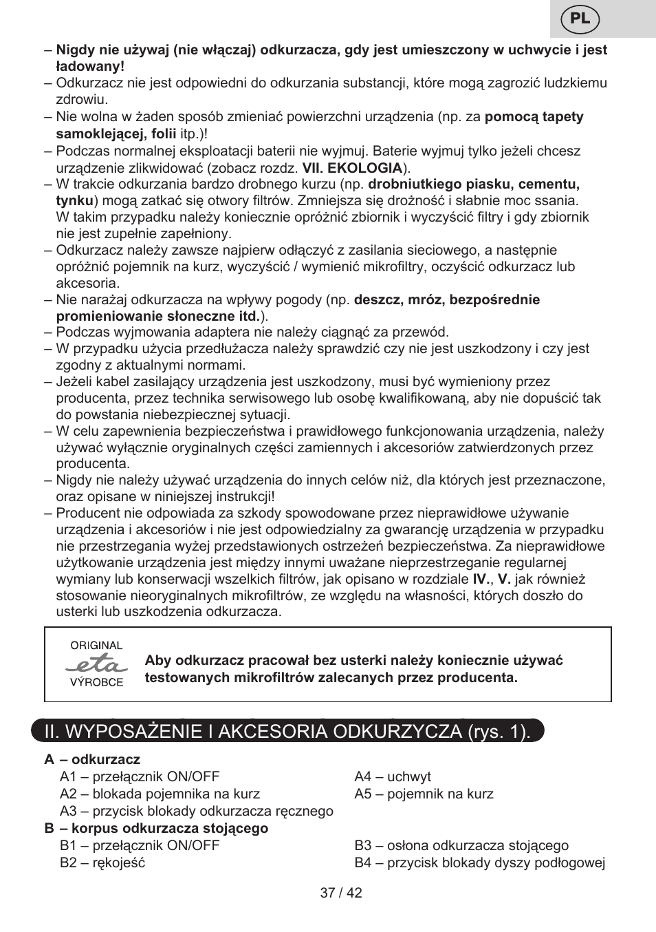 Ii. wyposażenie i akcesoria odkurzycza (rys. 1) | ETA Elance User Manual | Page 37 / 44