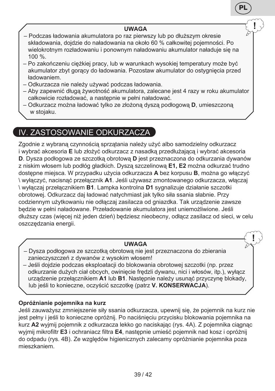 Iv. zastosowanie odkurzacza | ETA Elance User Manual | Page 39 / 44