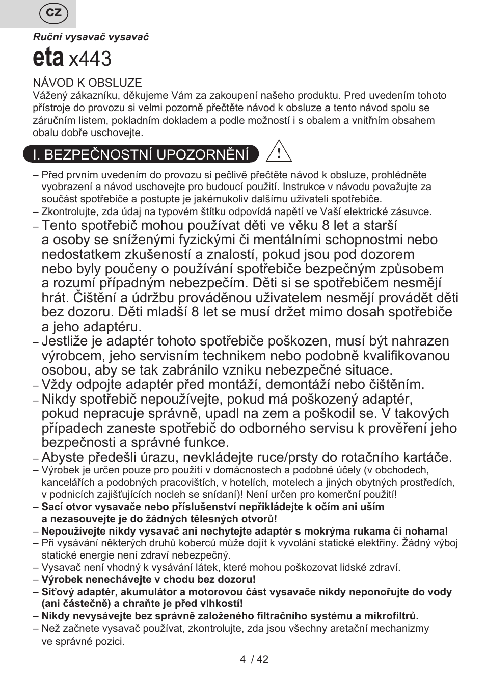 X443, I. bezpečnostní upozornění | ETA Elance User Manual | Page 4 / 44