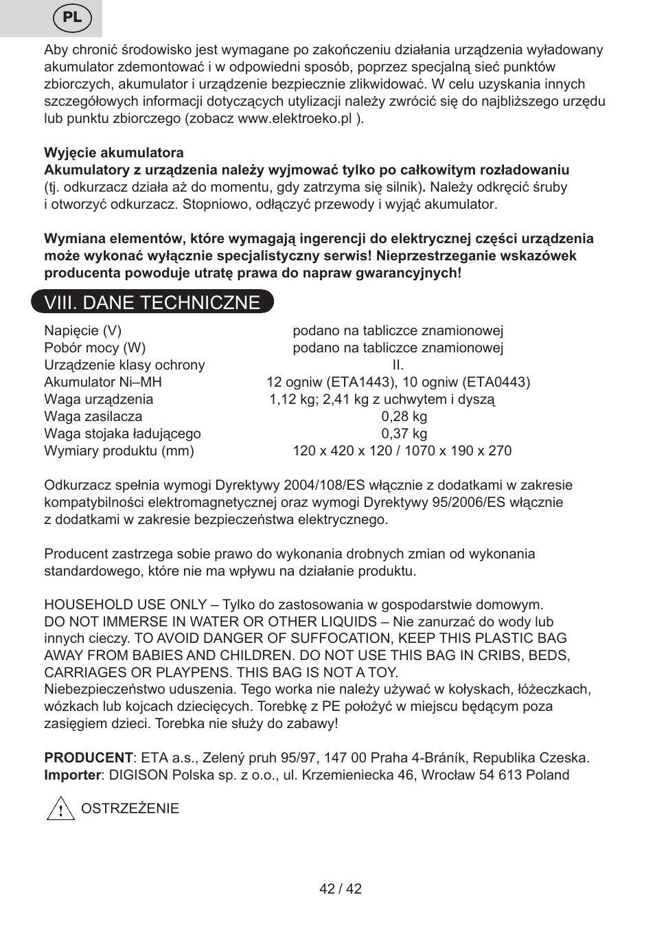 Viii. dane techniczne | ETA Elance User Manual | Page 42 / 44