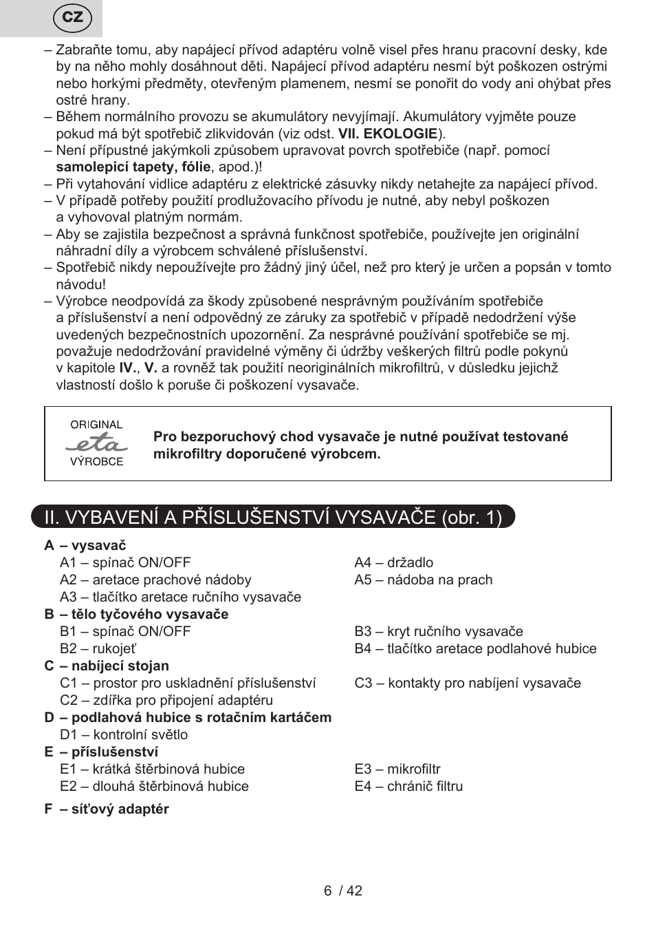 Ii. vybavení a příslušenství vysavače (obr. 1) | ETA Elance User Manual | Page 6 / 44