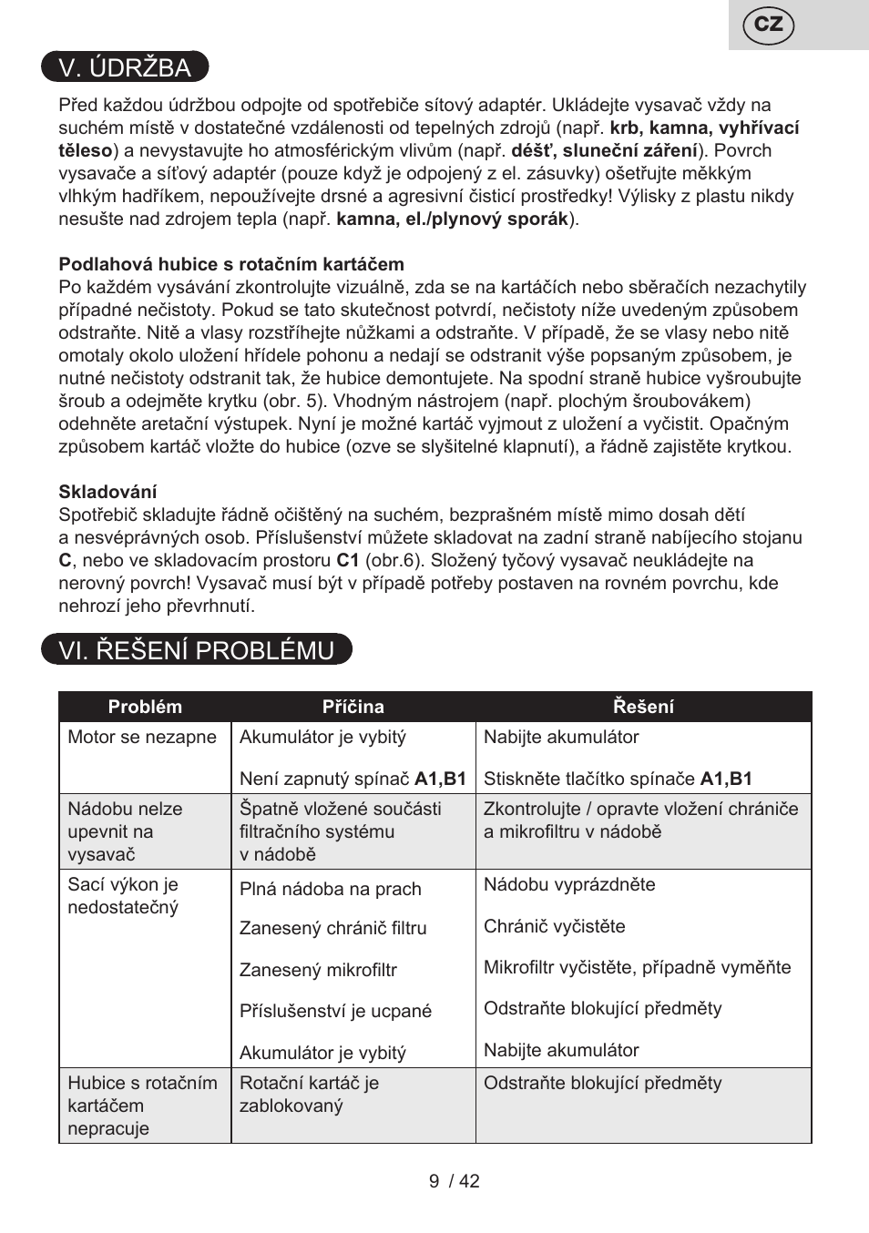 V. údržba, Vi. řešení problému | ETA Elance User Manual | Page 9 / 44