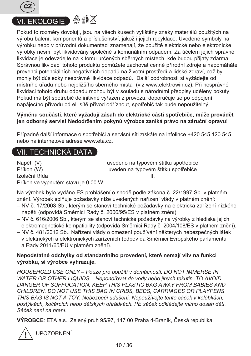 Vi. ekologie, Vii. technická data | ETA Sting User Manual | Page 10 / 40