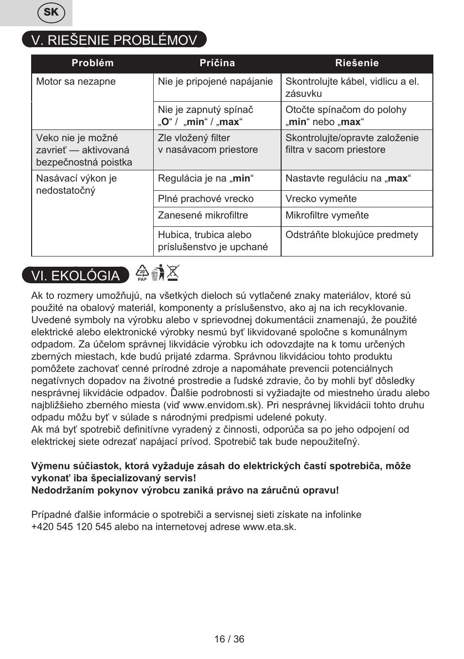 V. riešenie problémov vi. ekológia | ETA Sting User Manual | Page 16 / 40
