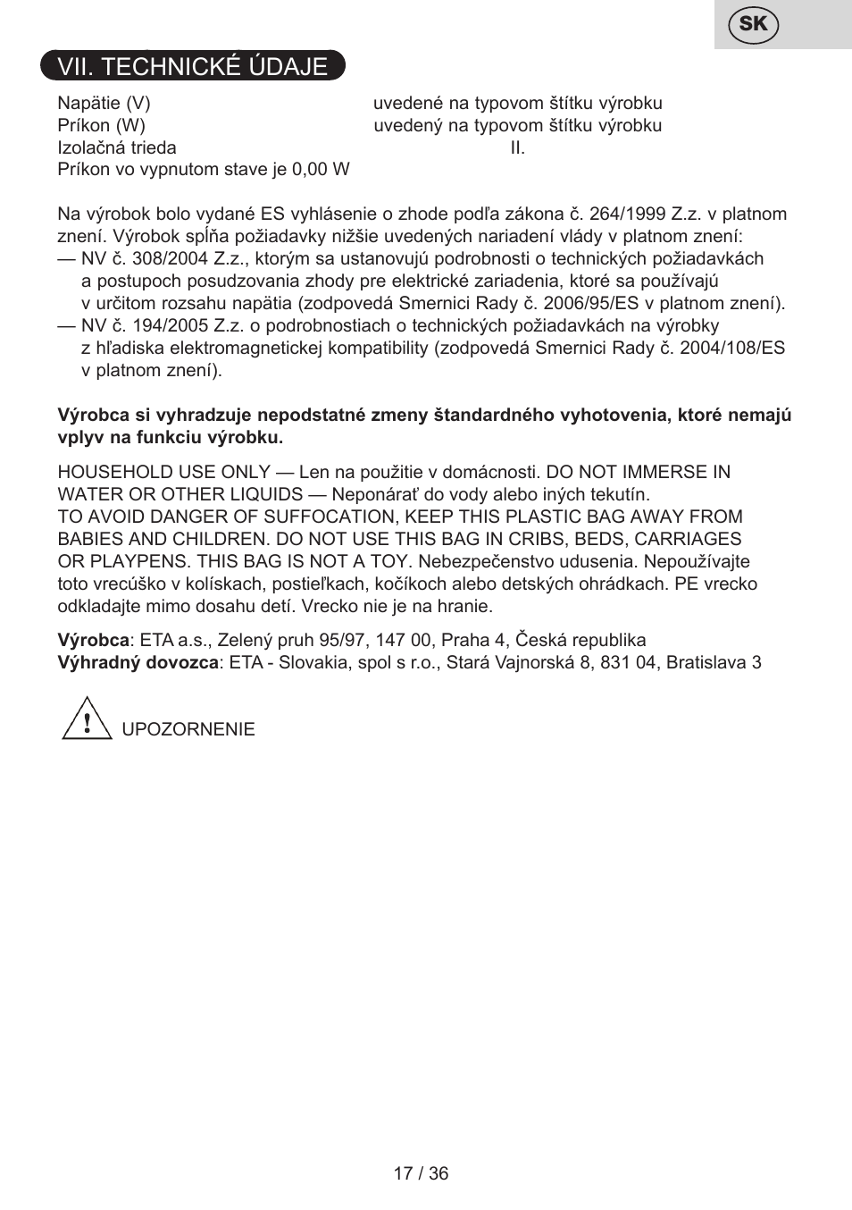 Vii. technické údaje | ETA Sting User Manual | Page 17 / 40