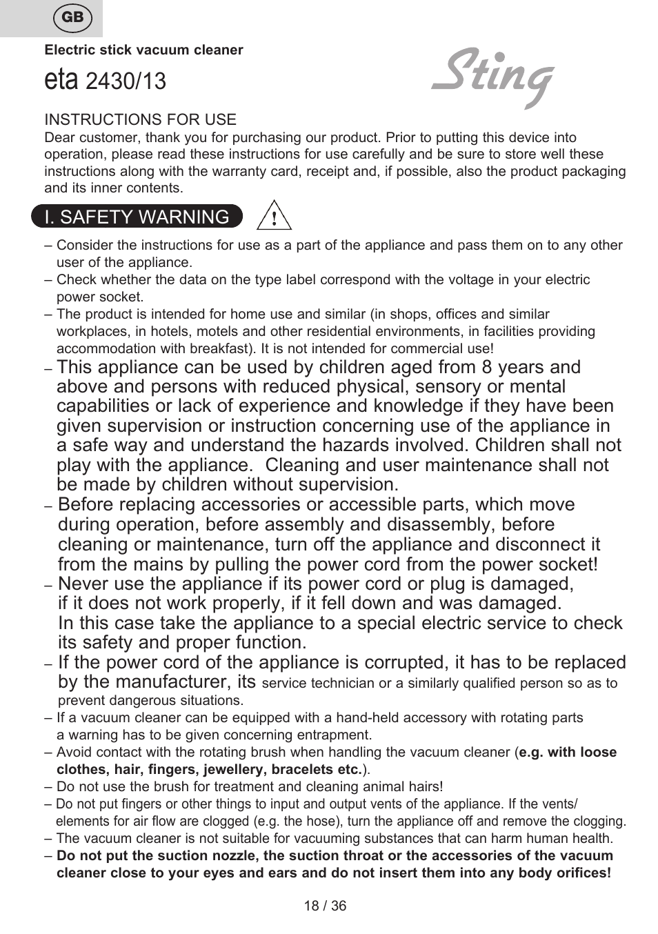 I. safety warning | ETA Sting User Manual | Page 18 / 40