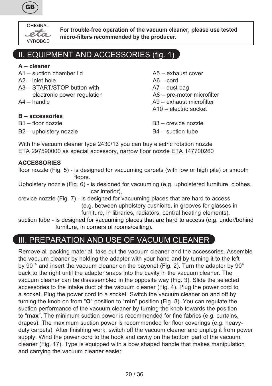 Ii. equipment and accessories (fig. 1), Iii. preparation and use of vacuum cleaner | ETA Sting User Manual | Page 20 / 40