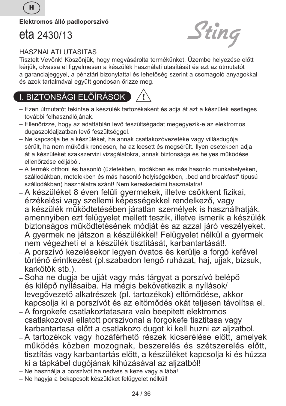 ETA Sting User Manual | Page 24 / 40