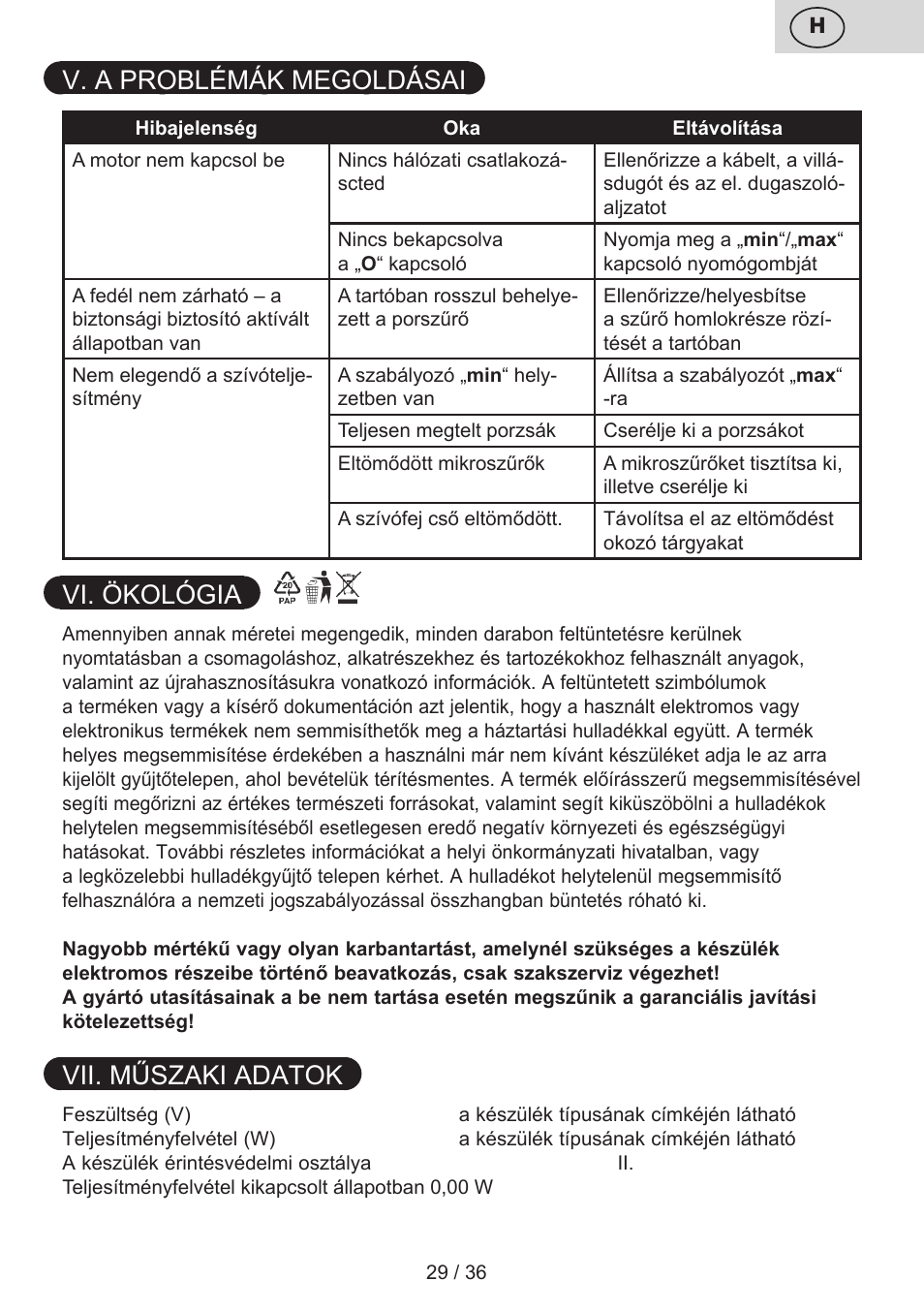 V. a problémák megoldásai, Vi. ökológia, Vii. műszaki adatok | ETA Sting User Manual | Page 29 / 40